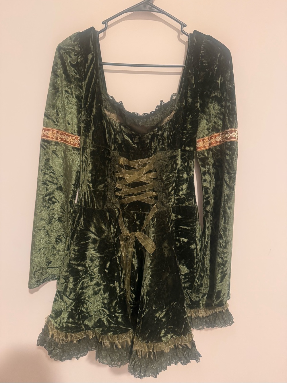 Dolls Kill Olive Green Velvet Lace-Up Chemise with Ribbon Trim